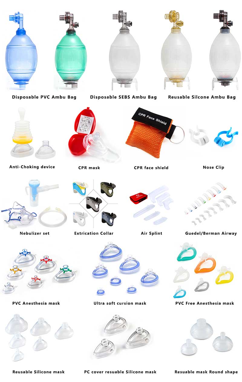 CPR pocket face shield, Ambu resuscitator mask, pvc face mask disposable, cervical collar extrication, anti choke device